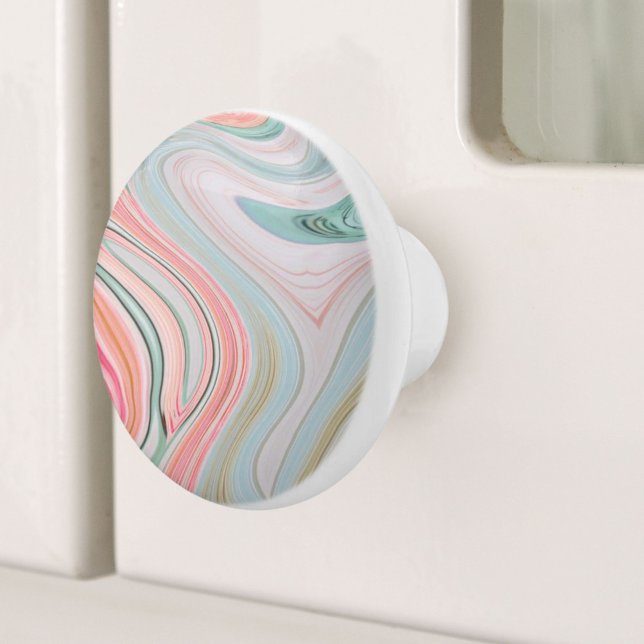 Bouton De Porte En Céramique corail rose vif menthe vert arc-en-ciel tourbillon (blush pink coral mint green rainbow marble swirls ceramic knob)