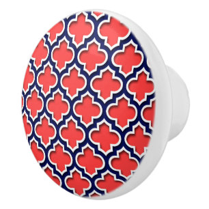 Bouton De Porte En Céramique Corail Rouge, Marine Blanc Quatrefoil Marocain #5D