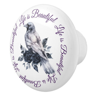 Bouton De Porte En Céramique Corbeau Oiseau Roses Noires Script Nature