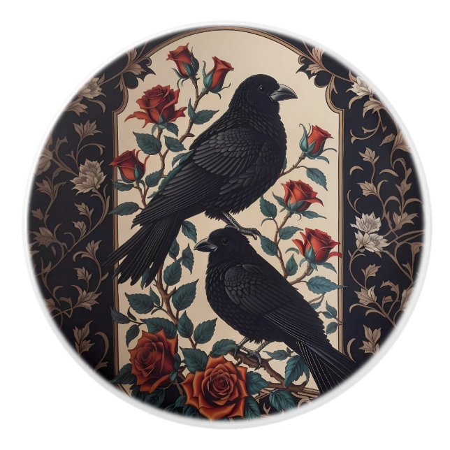 Bouton De Porte En Céramique Corbeaux gothiques élégants avec roses  (Devant)