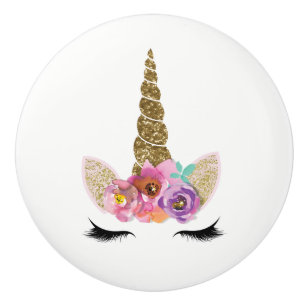 Bouton De Porte En Céramique Corne de Licorne Pailletée Or Filles Glam Conte de