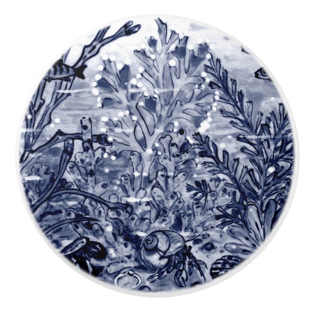 Bouton De Porte En Céramique Côte Bleu foncé Mer Vie Crabe Coques Corail Océan (Devant)