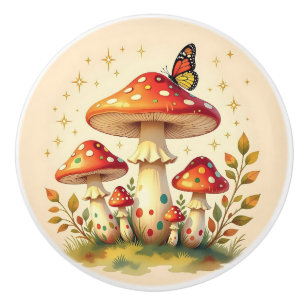 Bouton De Porte En Céramique Cottage Core Champignons et Papillon Fantaisiste