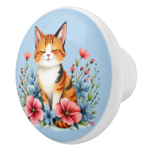 Bouton De Porte En Céramique Cottagecore Floral Chat Serene Feline Botanique