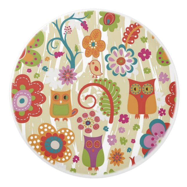 Bouton De Porte En Céramique Couleur florale et hibou (Devant)