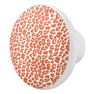 Bouton De Porte En Céramique Couleur orange et Empreinte de léopard blanc