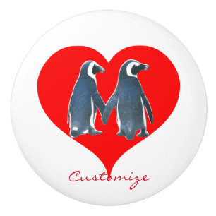 Bouton De Porte En Céramique Couple de pingouin Inséparable Red Heart Thunder_C