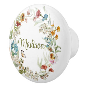 Bouton De Porte En Céramique Couronne florale aquarelle couleur Nom Tiroir Bout