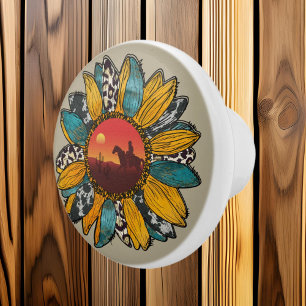 Bouton De Porte En Céramique Cow-boy de tournesol occidental cool
