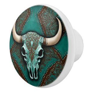 Bouton De Porte En Céramique Cowboy Brown Turquoise Western Country Bull SKull