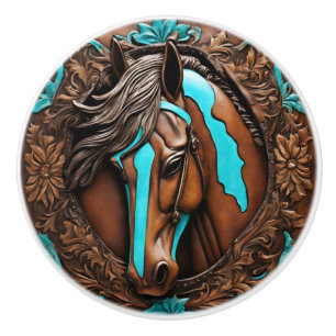Bouton De Porte En Céramique Cowboy Western Pays Turquoise Brown Horse