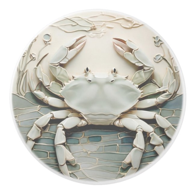 Bouton De Porte En Céramique Crabe Art Nouveau Faux Relief Blanc & Mint Pastel (Devant)