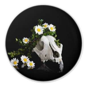 Bouton De Porte En Céramique Crâne animal avec une couronne de fleur sauvage