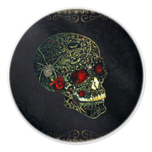 Bouton De Porte En Céramique Crâne de araignée & Roses Glam Gothique Filigrane