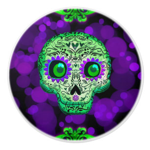 Bouton De Porte En Céramique Crâne de sucre lumineux vert et violet pour Hallow