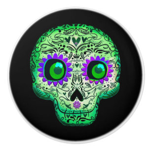 Bouton De Porte En Céramique Crâne de sucre noir illuminé vert et violet pour H