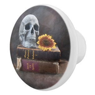 Bouton De Porte En Céramique Crâne Livres Vintages Tournesol Jaune Gothique