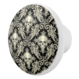 Bouton De Porte En Céramique Crânes et motif de croix noir et crème de damassé