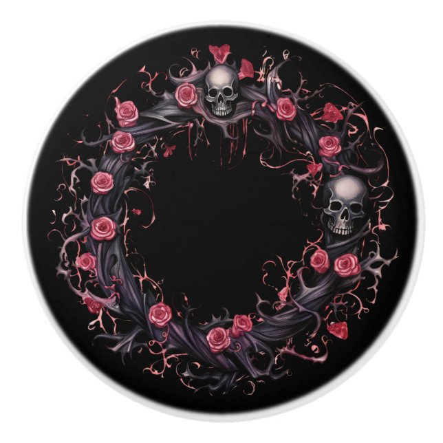Bouton De Porte En Céramique Crânes Et Roses Rose (Devant)