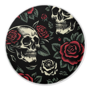 Bouton De Porte En Céramique Crânes et roses rouges Floral gothique