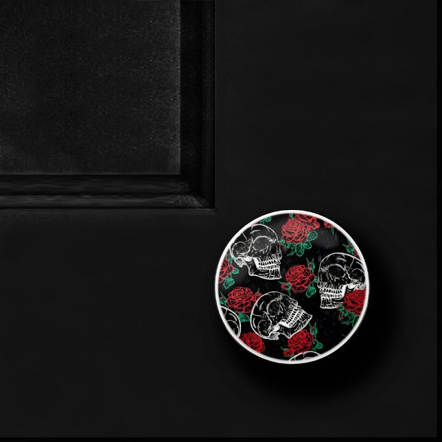 Bouton De Porte En Céramique Crânes et roses rouges | Grunge gothique moderne (Créateur téléchargé)