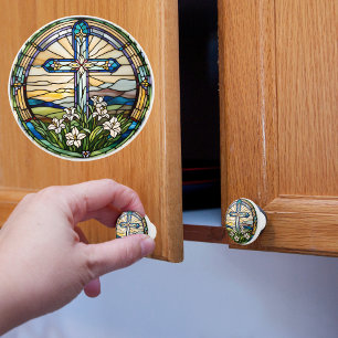 Bouton De Porte En Céramique Croix de Pâques Faux Vitrail