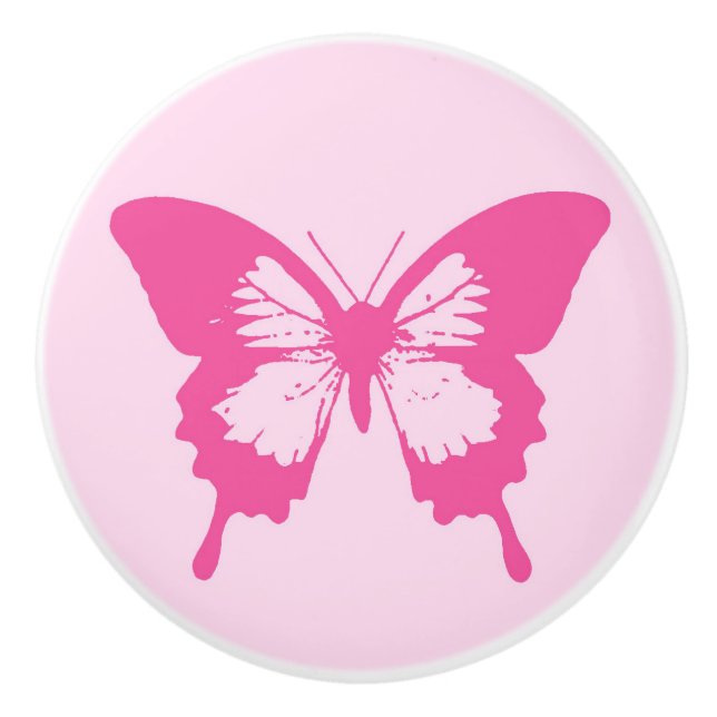 Bouton De Porte En Céramique Croquis de papillon, rose-clair et fuchsia (Devant)