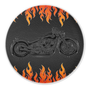 Bouton De Porte En Céramique Cuir noir flammes orange feu chaud moto