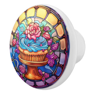 Bouton De Porte En Céramique cuisine de cupcake en faux vitrail