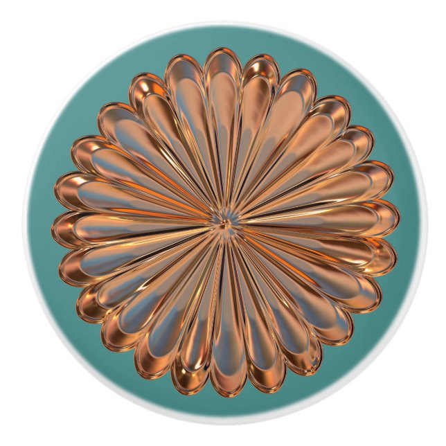 Bouton De Porte En Céramique Cuivre d'art déco et médaillon métallique de fleur (Devant)