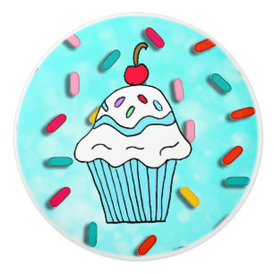 Bouton De Porte En Céramique Cupcake blanc avec cerise sur le dessus