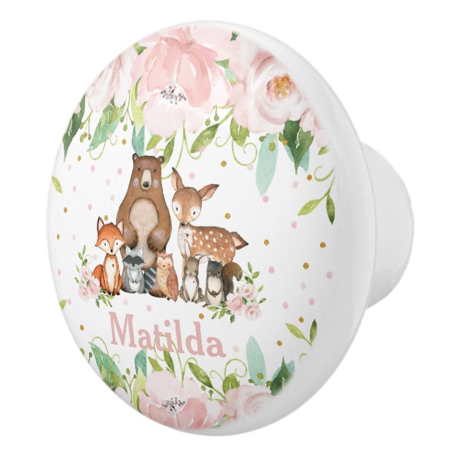 Bouton De Porte En Céramique Cute Bois Animaux Blush Rose Floral Nursery (Droite)
