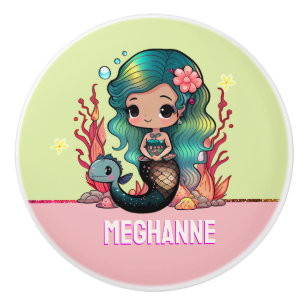 Bouton De Porte En Céramique Cute cheveux turquoise Mermaid style pépinière ros