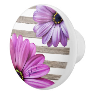 Bouton De Porte En Céramique Cute Daisies Wood White Stripes Ajouter un nom