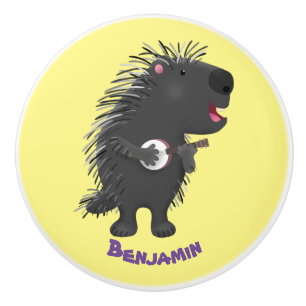 Bouton De Porte En Céramique Cute drôle porc-épic avec dessin animé de banjo