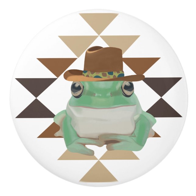Bouton De Porte En Céramique Cute Grenouille Occidentale Avec Casquette Cowboy (Devant)