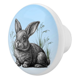 Bouton De Porte En Céramique Cute Grey Rabbit contre un ciel bleu