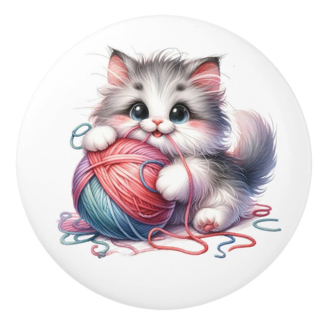 Bouton De Porte En Céramique Cute Kitty Chat (Devant)