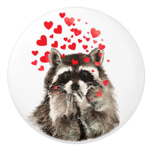 Bouton De Porte En Céramique Cute Little Watercolor Raccoon soufflant Baisers A