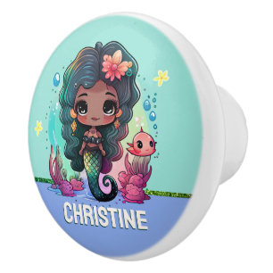 Bouton De Porte En Céramique Cute peau foncée Mermaid style pépinière bleu pers