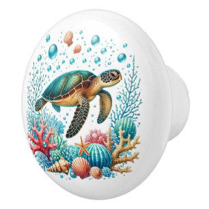 Bouton De Porte En Céramique Cute plage maison tortue de mer