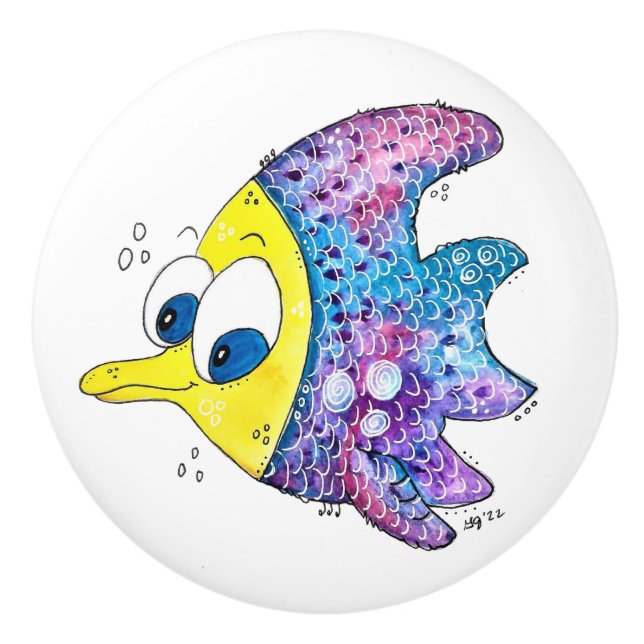 Bouton De Porte En Céramique Cute poisson blanc coloré (Devant)