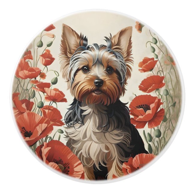 Bouton De Porte En Céramique Cute Yorkshire Terrier Botanical Red Poppies (Devant)