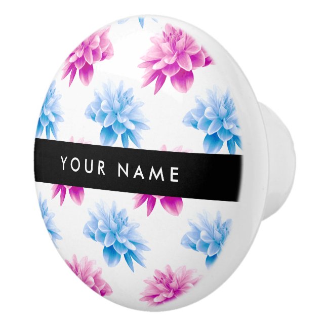 Bouton De Porte En Céramique Dahlia rose et bleu, motif floral, Votre nom (Droite)