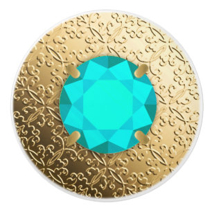 Bouton De Porte En Céramique Damas d'or avec gemstone d'aquamarine faux