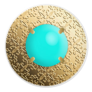 Bouton De Porte En Céramique Damas d'or avec une fausse pierre turquoise