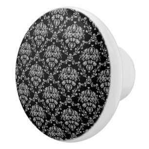 Bouton De Porte En Céramique Damassé noire et argentée