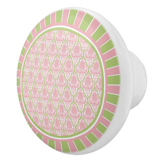 Bouton De Porte En Céramique Damassé rose et verte chic minable