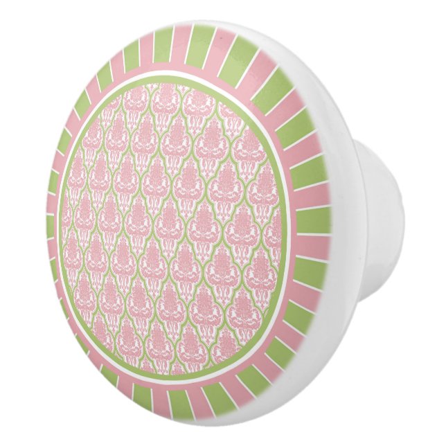 Bouton De Porte En Céramique Damassé rose et verte chic minable (Droite)