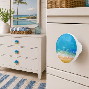 Bouton De Porte En Céramique Décor de plage aux vagues océaniques à l'aquarelle